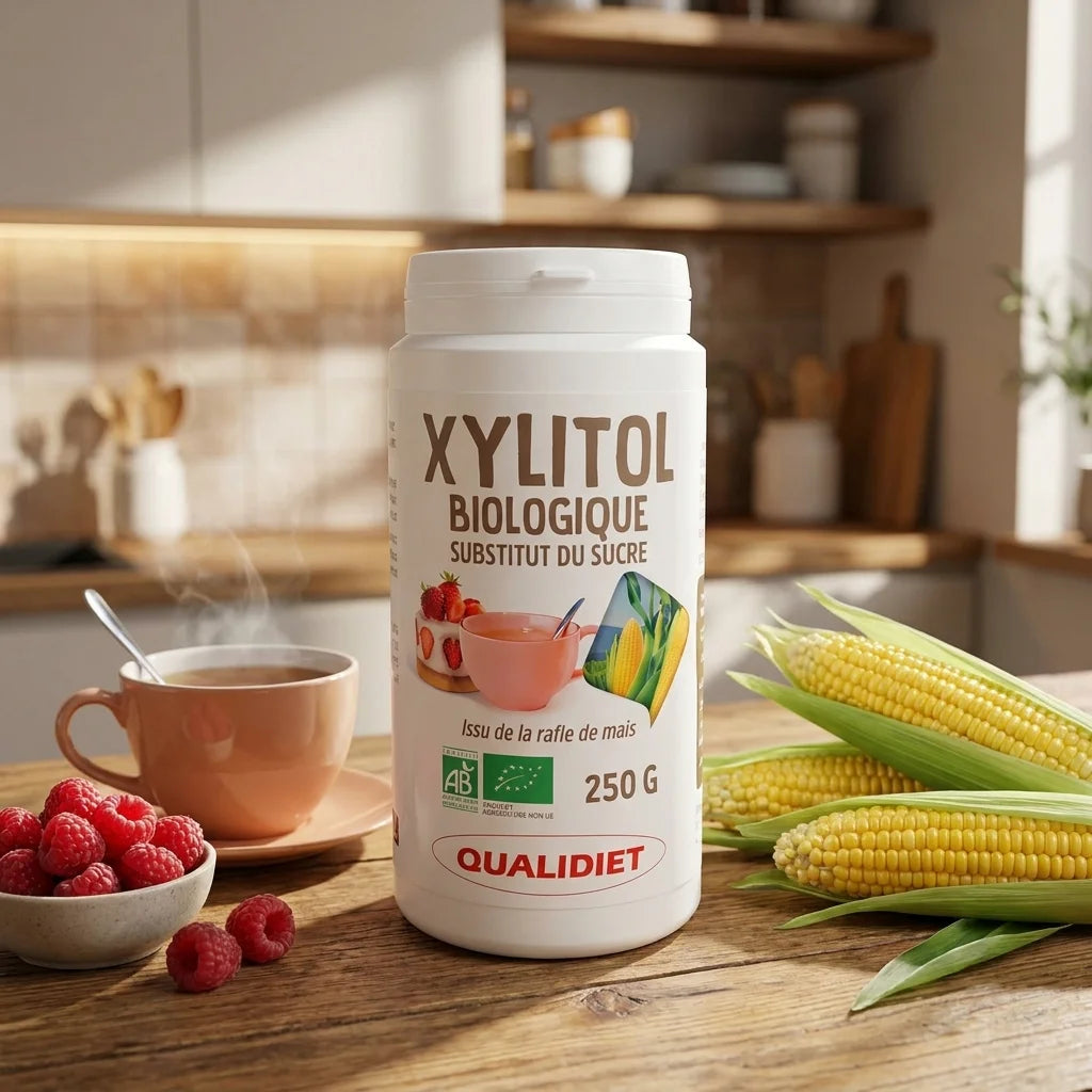 Xylitol Bio Qualidiet en poudre dans cuisine moderne avec thé et framboises
