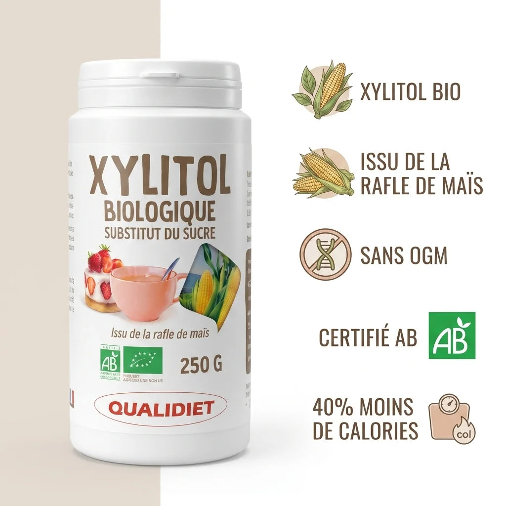 Xylitol Bio en poudre Qualidiet avec infographie des bénéfits et certification AB