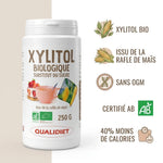 Xylitol Bio en poudre Qualidiet avec infographie des bénéfits et certification AB