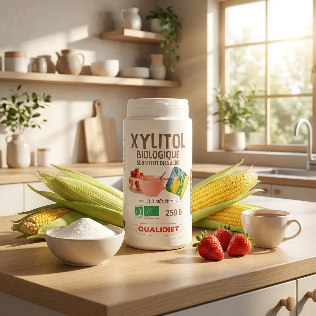 Xylitol Bio en poudre Qualidiet avec ingrédients naturels en cuisine moderne