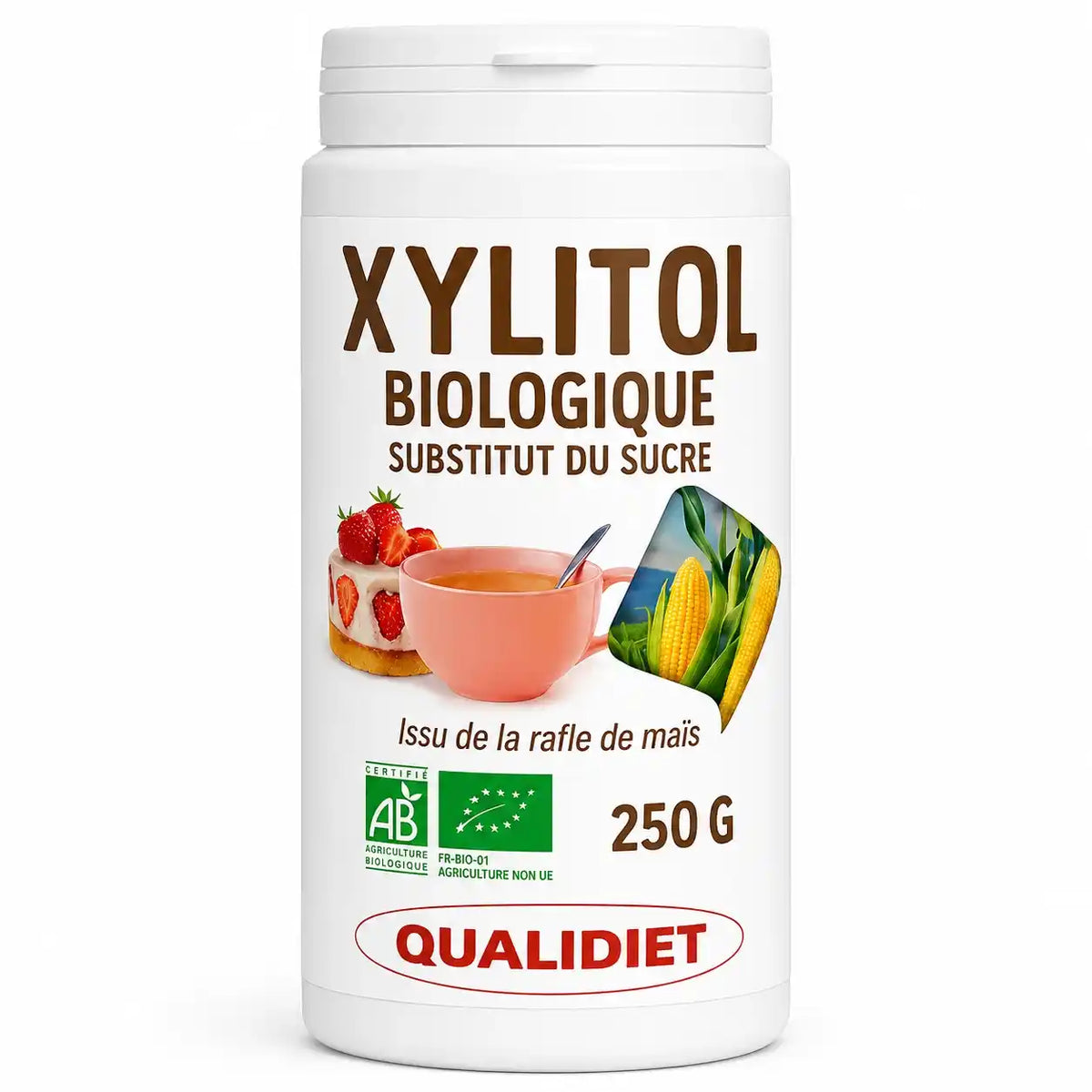 Pot xylitol bio Qualidiet 250g blanc avec label marron et certification biologique