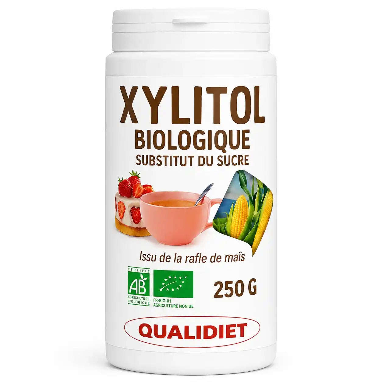 Pot xylitol bio Qualidiet 250g blanc avec label marron et certification biologique
