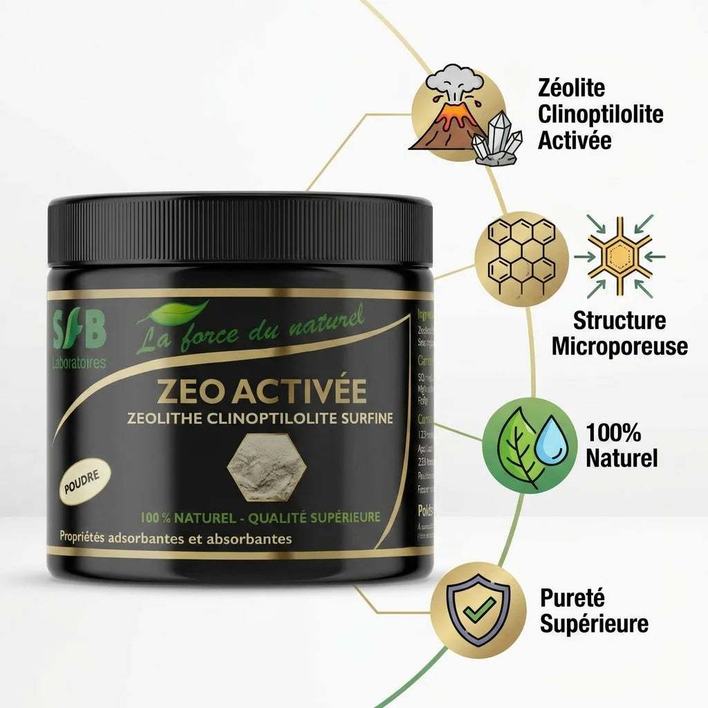 Zeo Activée poudre SFB - Zéolite clinoptilolite naturelle avec infographie des propriétés détoxifiantes
