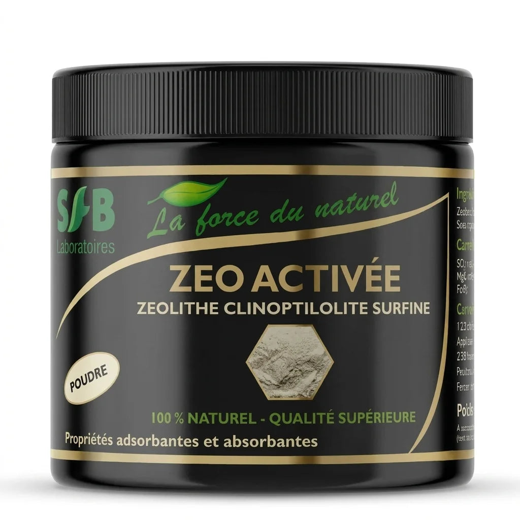 Zeo Activée poudre clinoptilolite SFB dans un pot noir avec bande doré