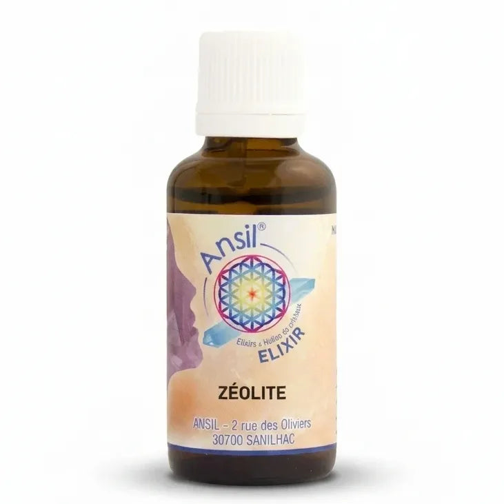 Bouteille Ansil Zéolite Elixir cristal avec étiquette fleur mandala sur fond blanc