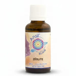 Bouteille Ansil Zéolite Elixir cristal avec étiquette fleur mandala sur fond blanc