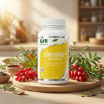 Complément Zéro Sucre Berbérine SFB en gélules entouré d'herbes et baies sur surface bois