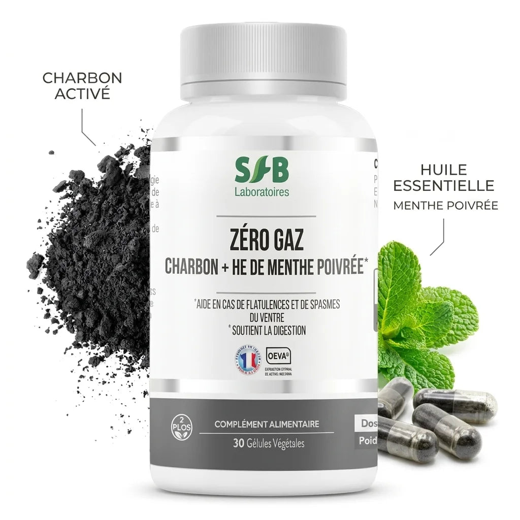 Zéro'gaz SFB gélules avec charbon activé et menthe poivrée, packaging blanc et logo vert