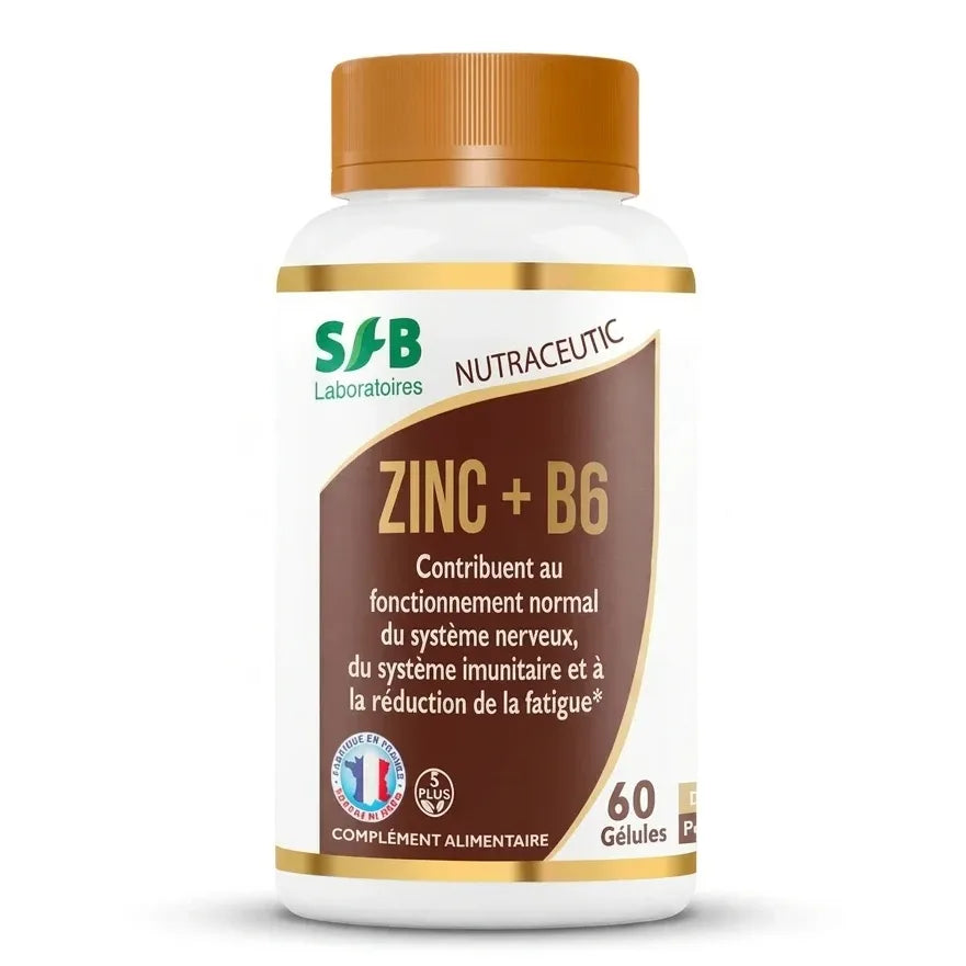 Complément alimentaire Zinc Bisglycinate + B6 en gélules SFB, flacon avec bouchon orange sur fond blanc