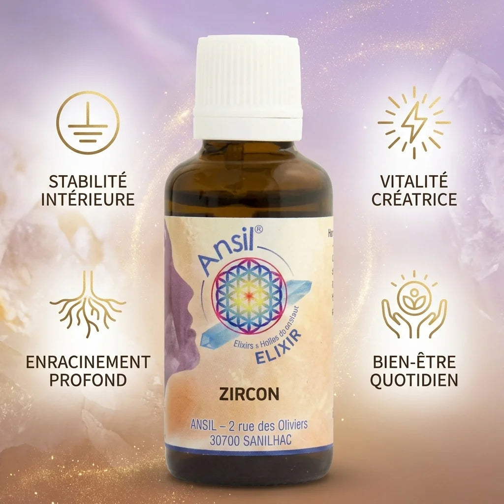 Elixir de cristal Zircon en flacon ambré avec icônes de stabilité, vitalité et bien-être