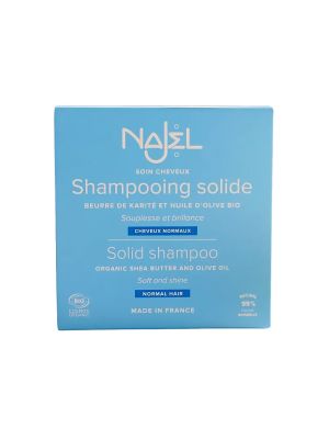 Boîte contenant un shampoing solide bio de 75 g de la marque Najel