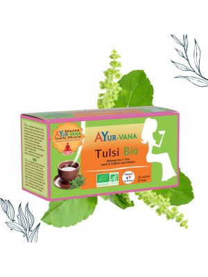 Boîte de 25 sachets de Tulsi Bio en infusion de la marque ayurvana