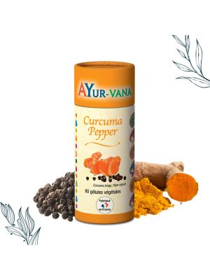 Pilulier de 60 gélules de Curcuma Pepper de la marque Ayurvana