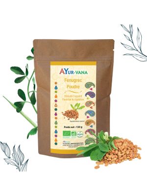 Sachet de 150 g de poudre de fenugrec bio de la marque Ayurvana