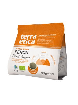 Sachet de 125 g de café du Pérou en dosettes souples de la marque Terra Etica