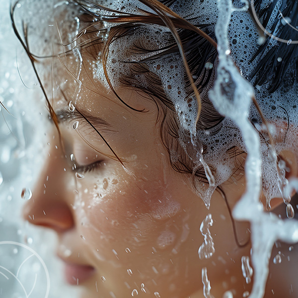 Photo d'un visage de femme de profil en train de prendre sa douche