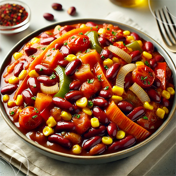 Photo d'un plat de haricots rouges et légumes cuisinés à la mexicaine