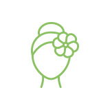 Pictogramme d'un visage de femme cheveux attachés avec une fleur dedans